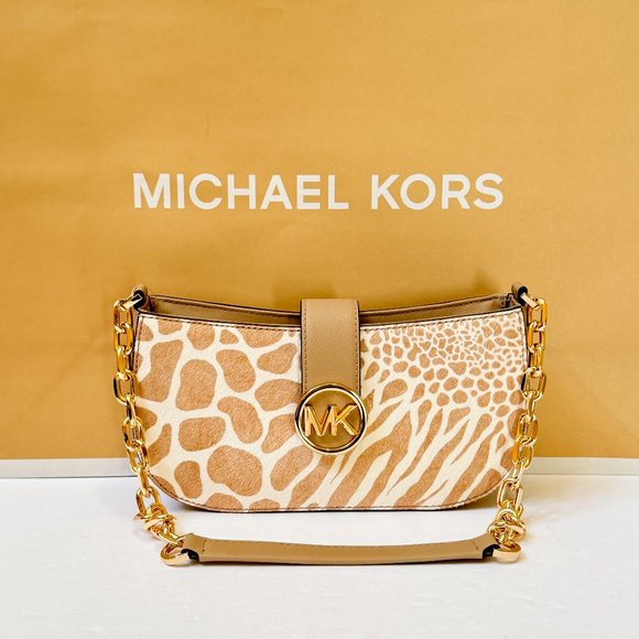 Michael Kors Carmen Small Shoulder Chain Bag Exotic Print Camel Multi Haircalf - Picture 1 of 14